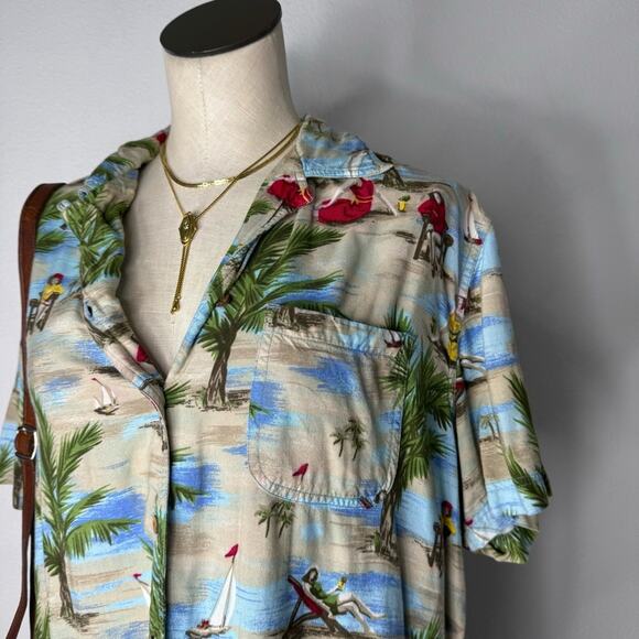 Vintage 90s Beach Scene Button Up Hawaiian Shirt Rayon Coastal Print Large - Picture 2 of 8